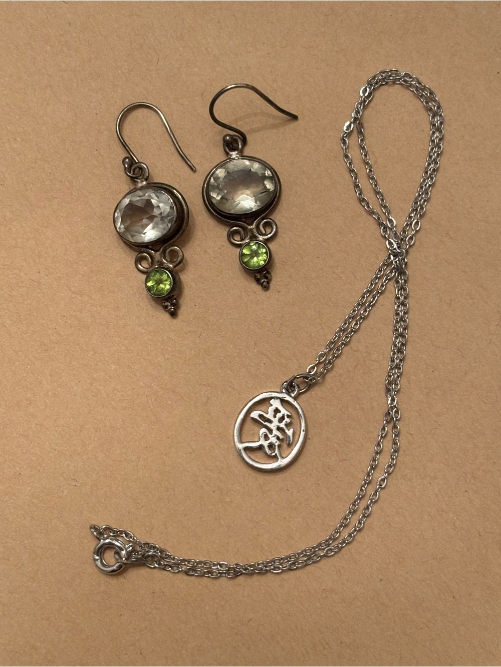 Sterling Silver 925 Clear + Peridot Drop Earrings w/ Marked 18K ? Pendant Chain